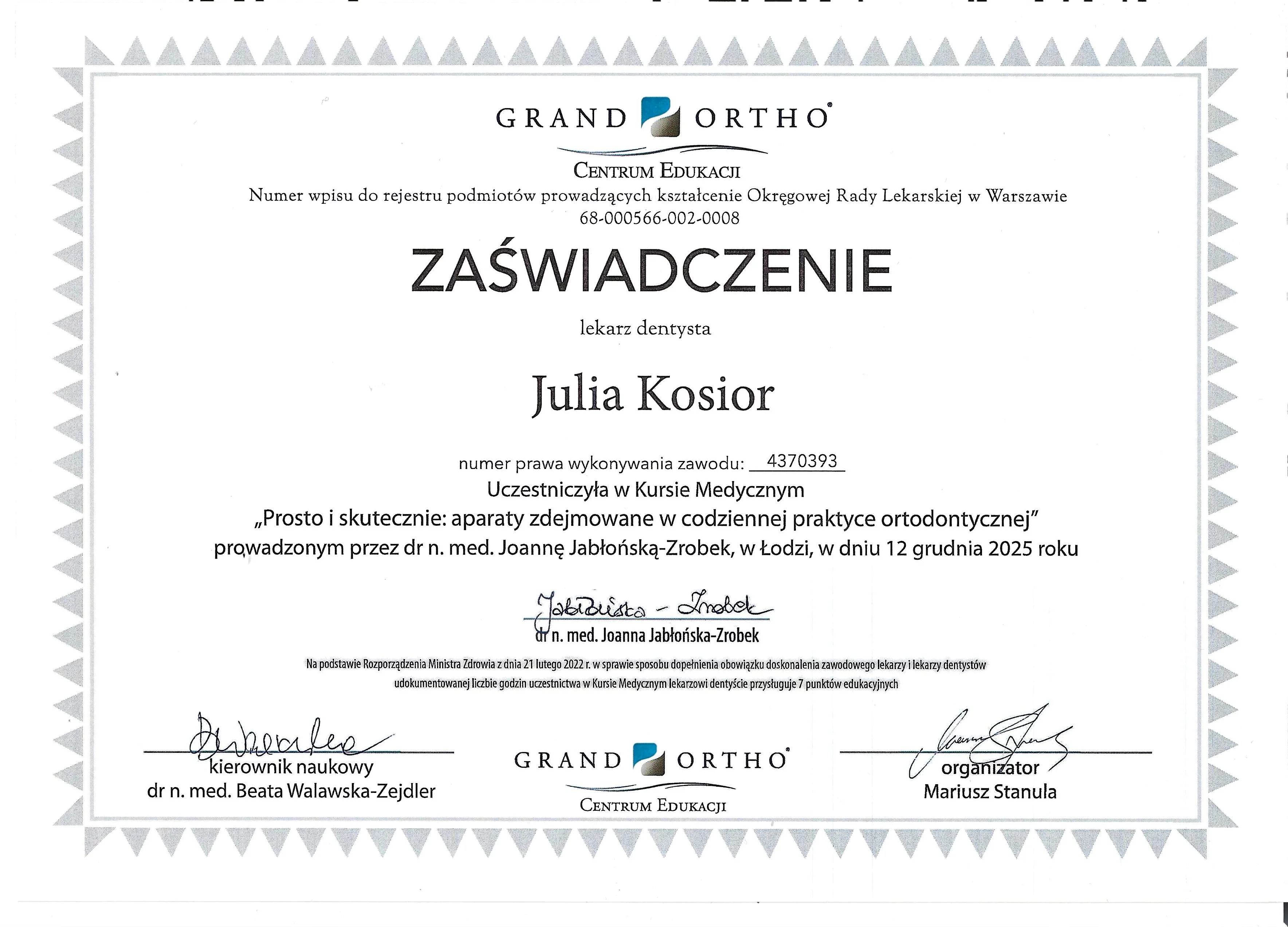 Certyfikat Kongres Łódź - Julia Kosior