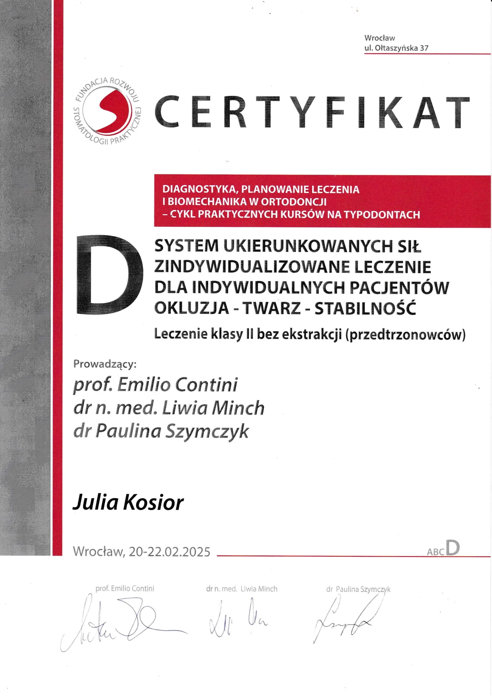 Certyfikat Szkolenie - Julia Kosior