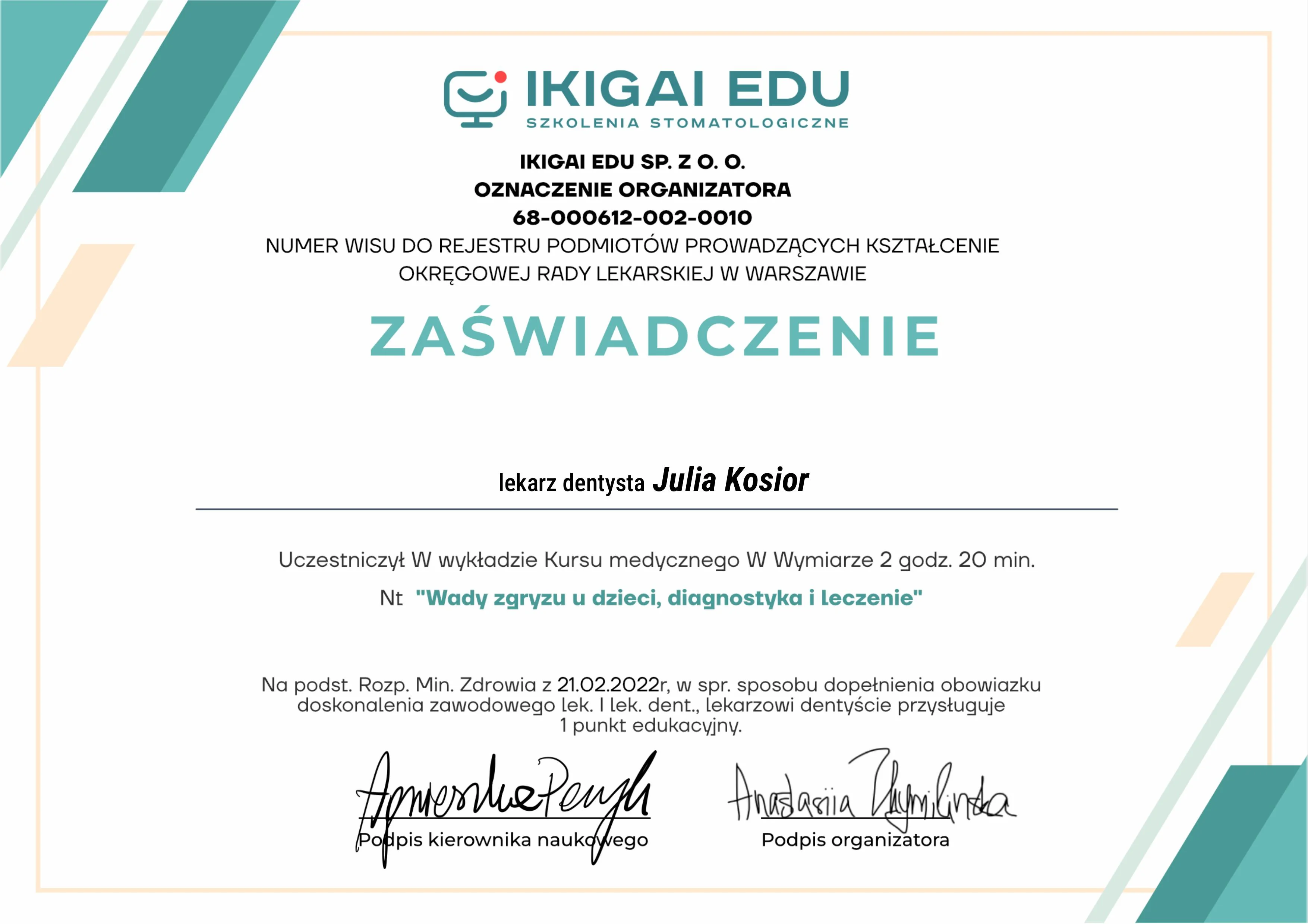 Certyfikat Szkolenie - Julia Kosior