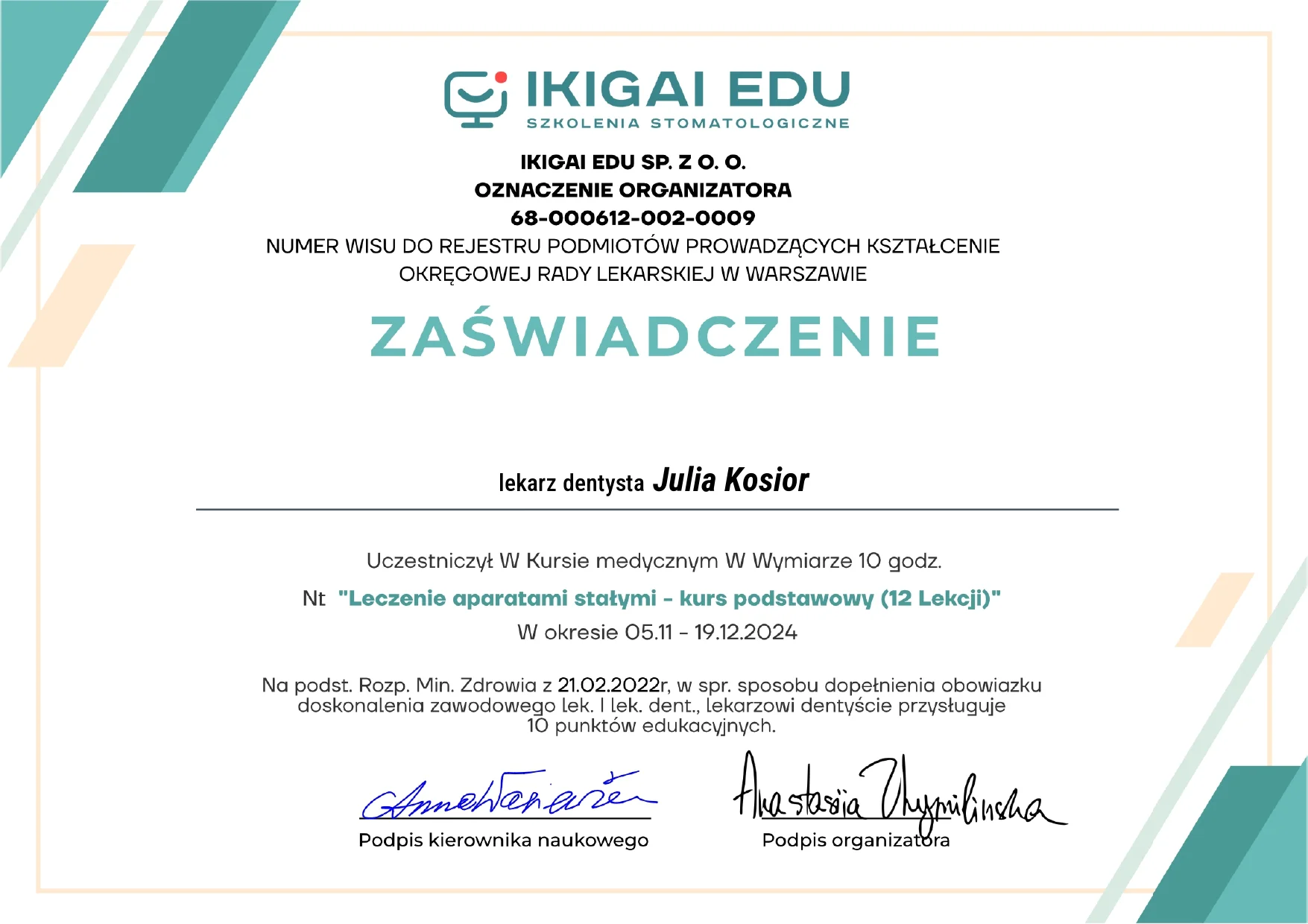 Certyfikat Szkolenie - Julia Kosior