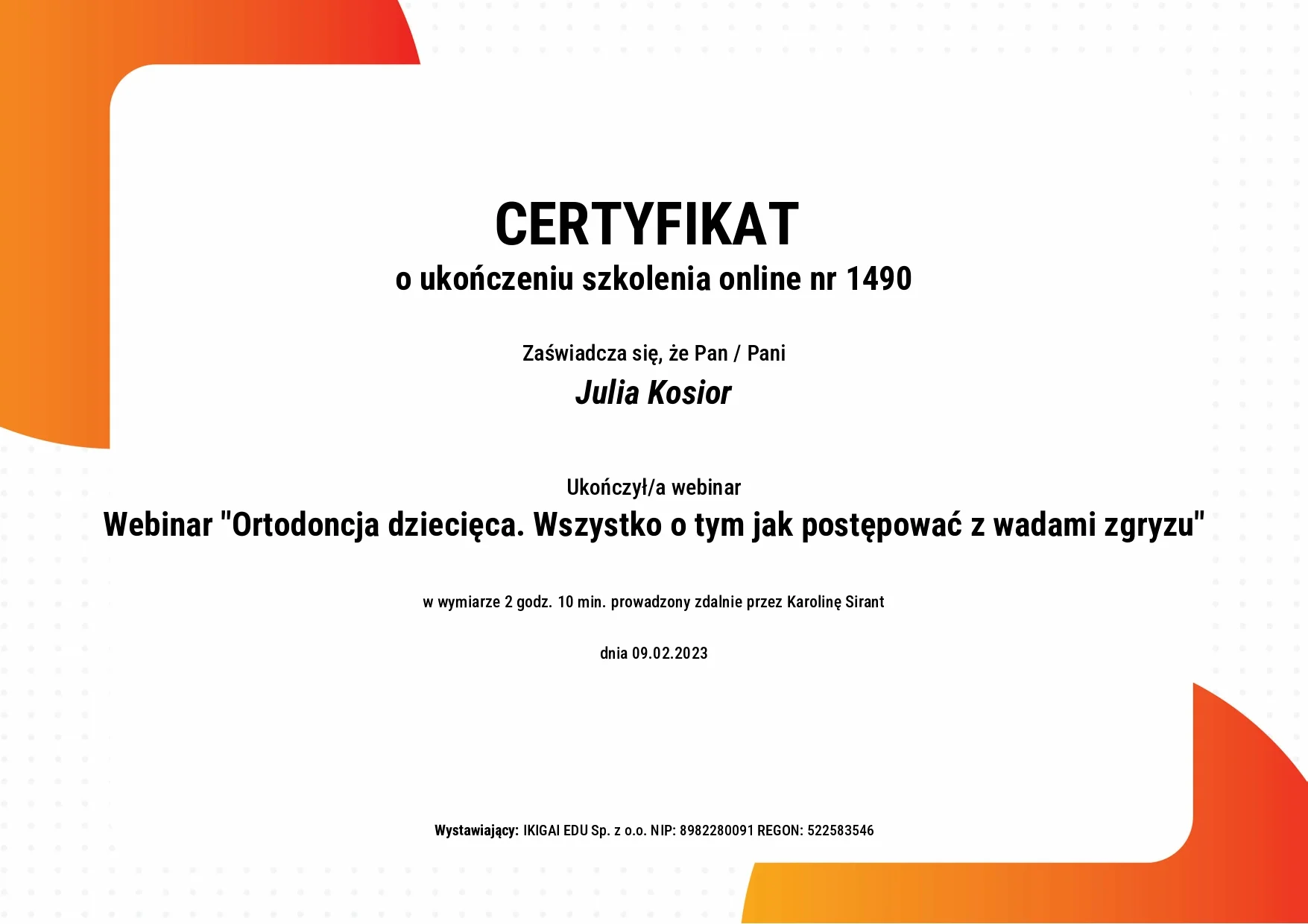 Certyfikat Szkolenie - Julia Kosior