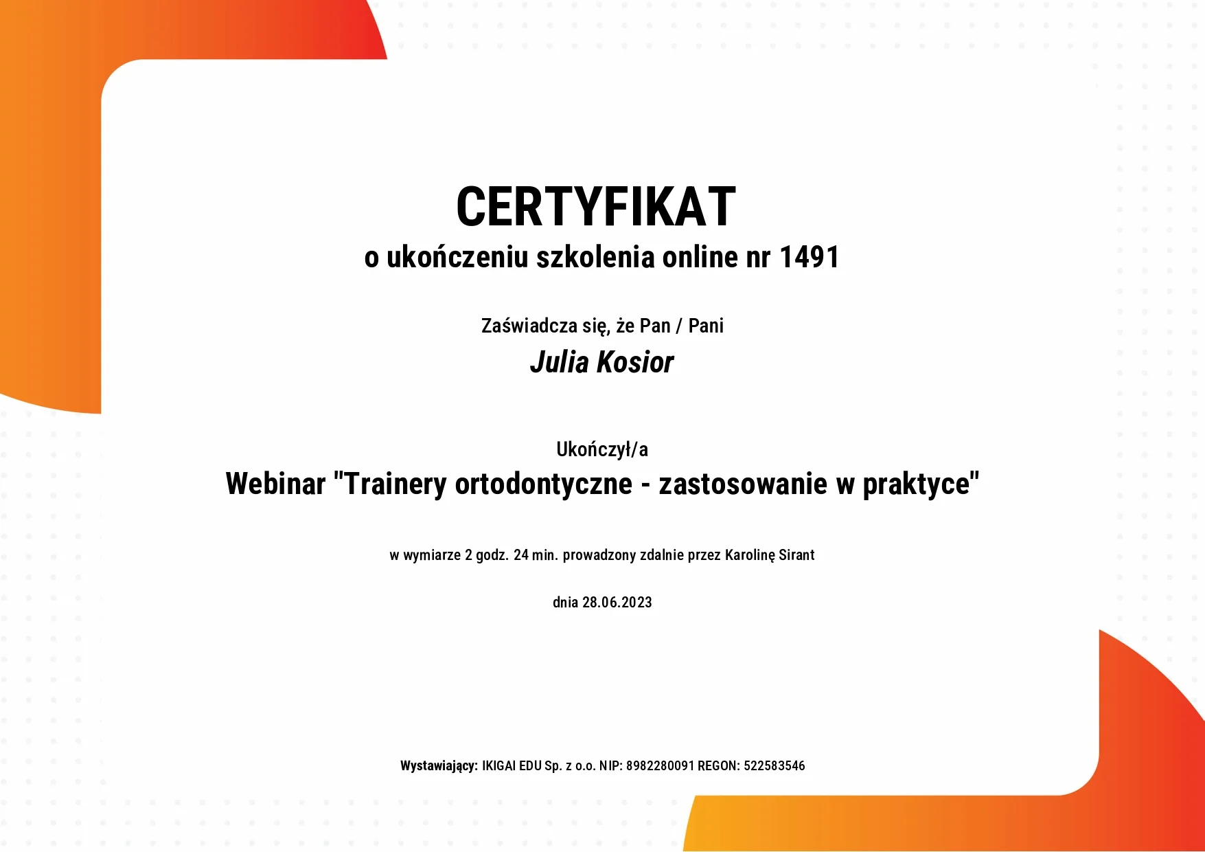 Certyfikat Szkolenie - Julia Kosior