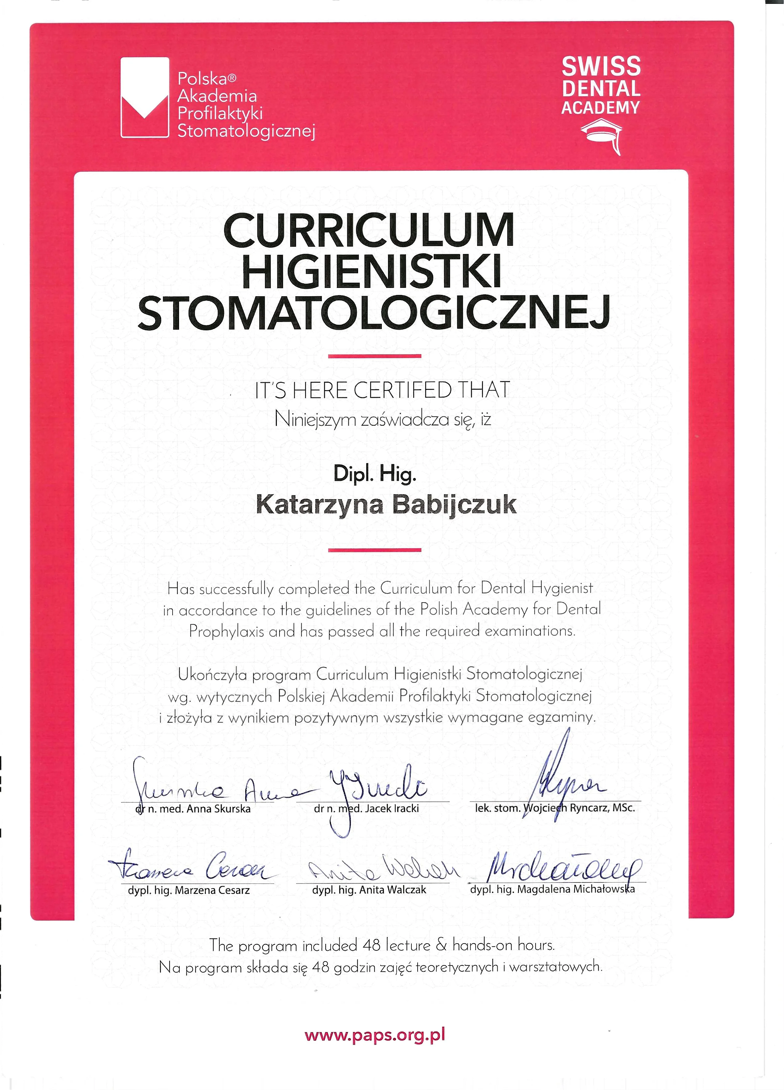 Certyfikat Curriculum Higiena Stomatologiczna - Katarzyna Babijczuk