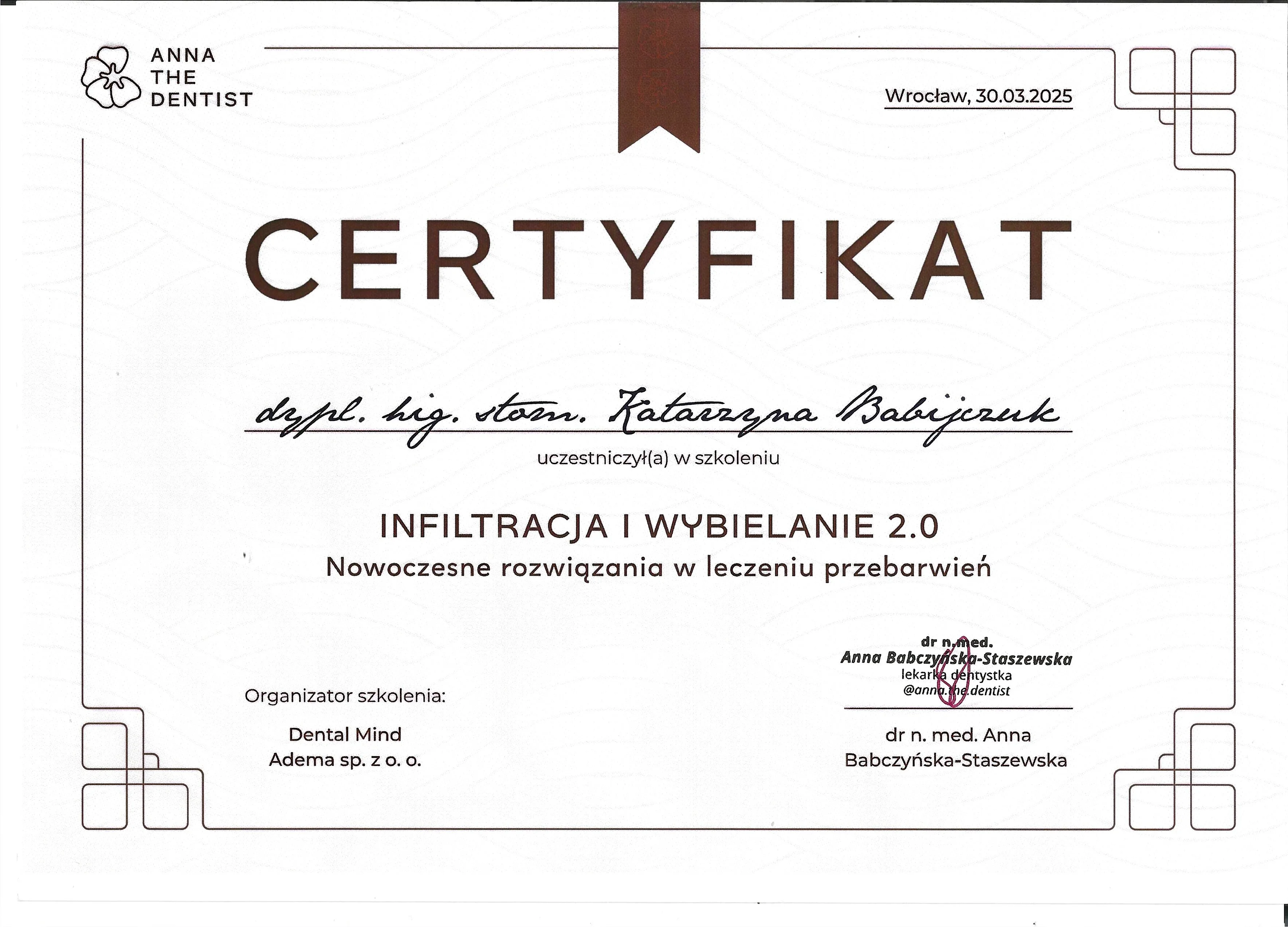 Certyfikat ICON Infiltracja - Katarzyna Babijczuk