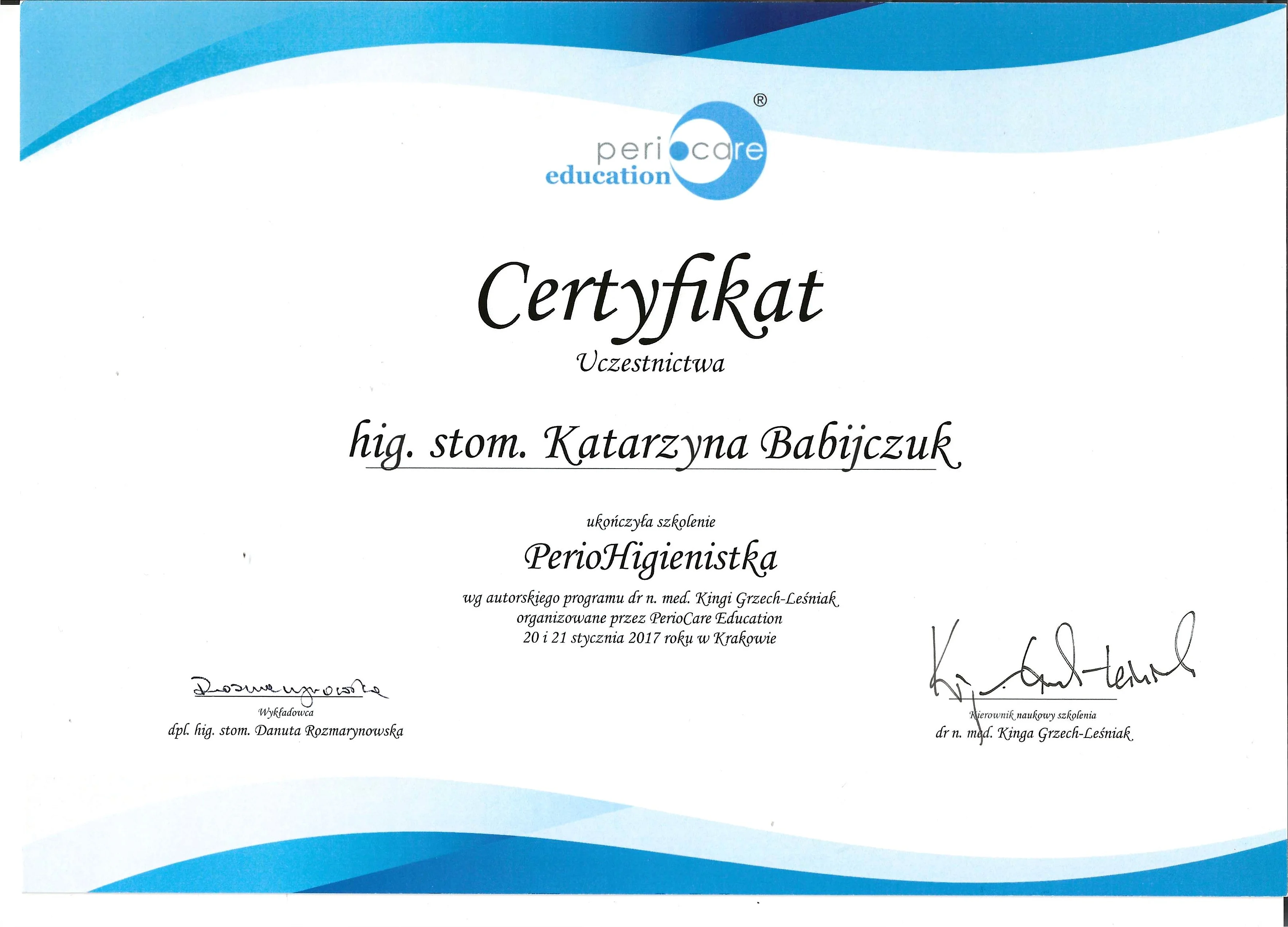 Certyfikat Periocare - Katarzyna Babijczuk
