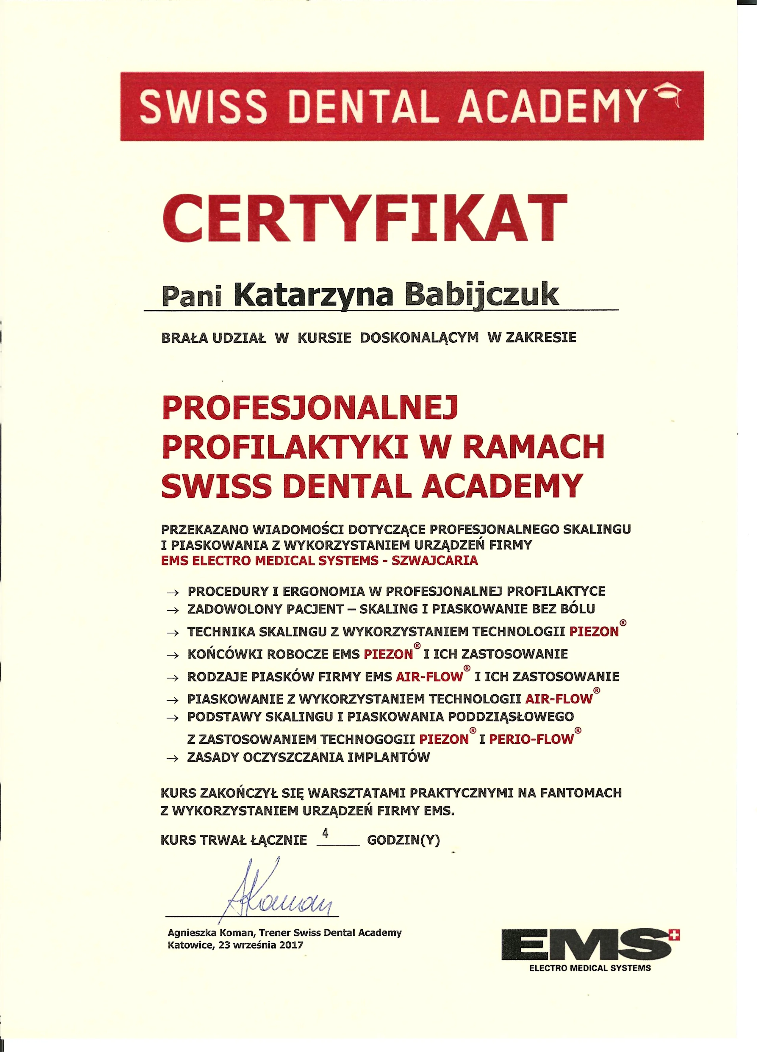 Certyfikat SDA - Katarzyna Babijczuk