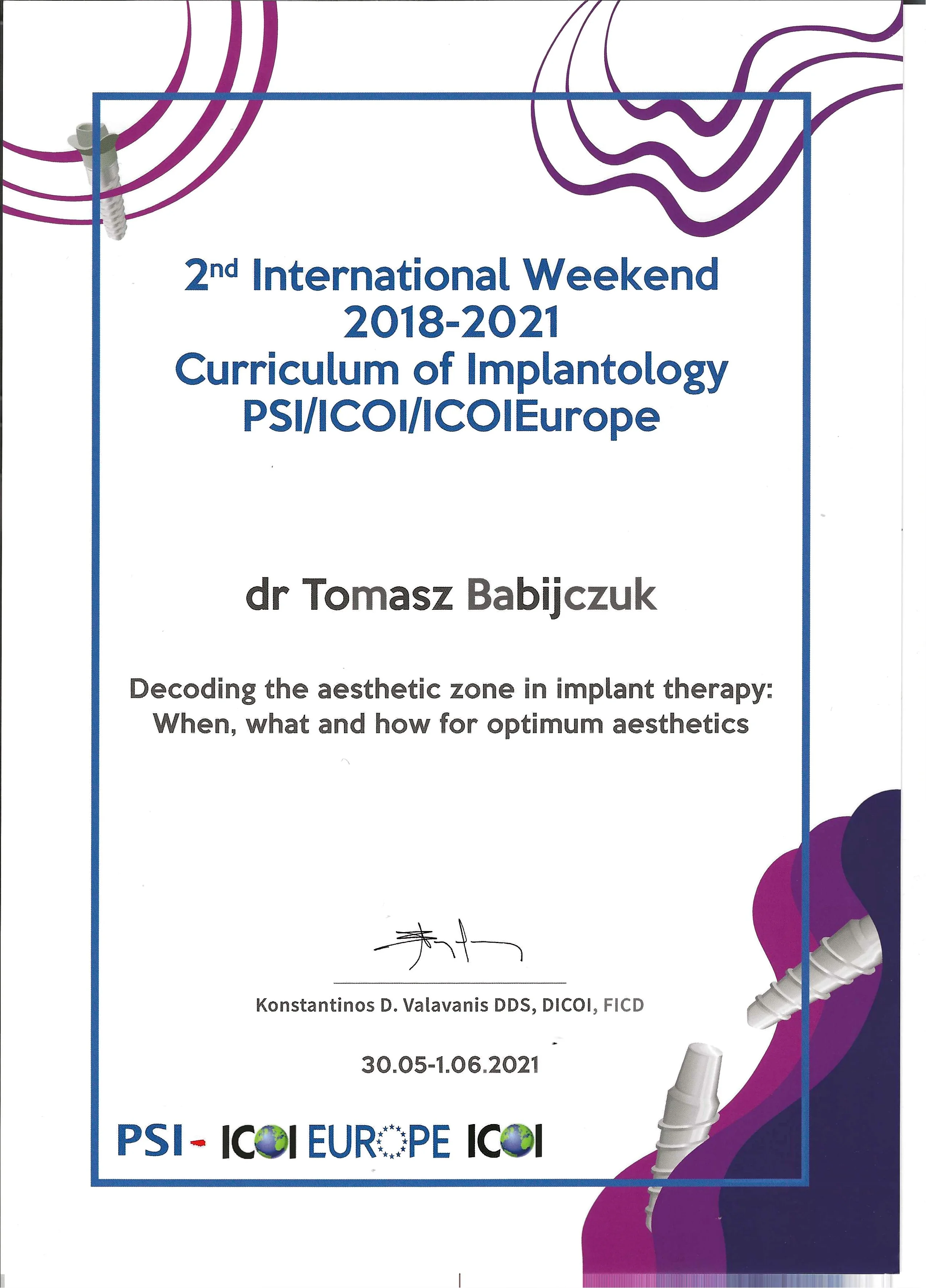 Certyfikat Implantologia - Tomasz Babijczuk